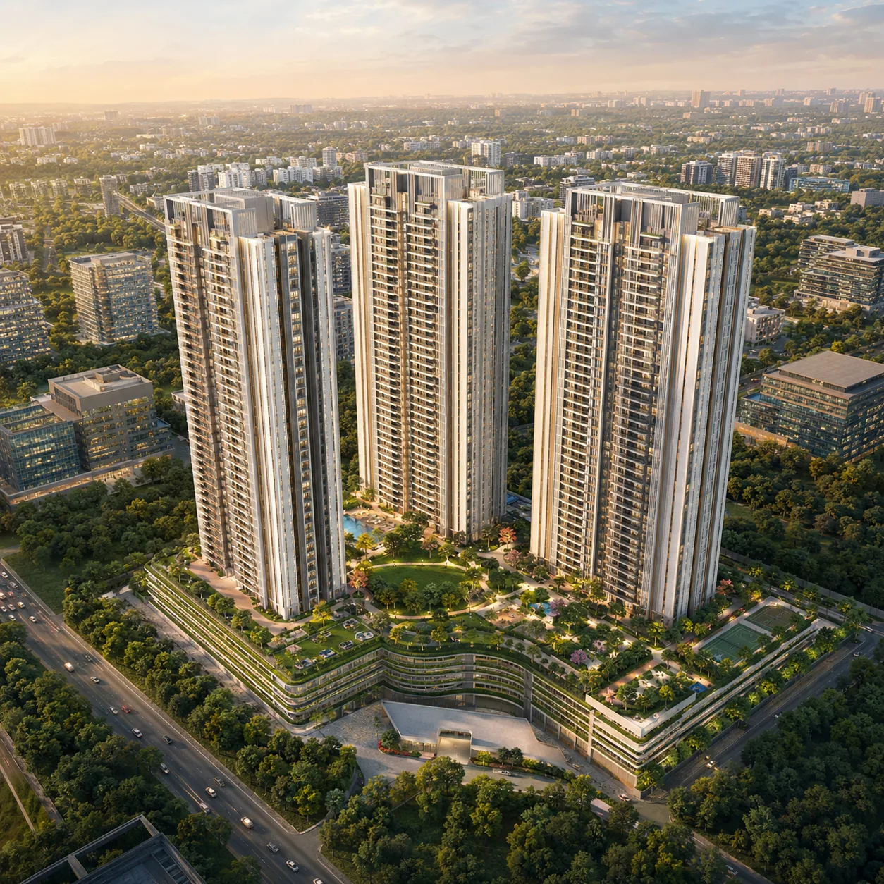 SNN Electronic City three-tower high-rise aerial exterior view