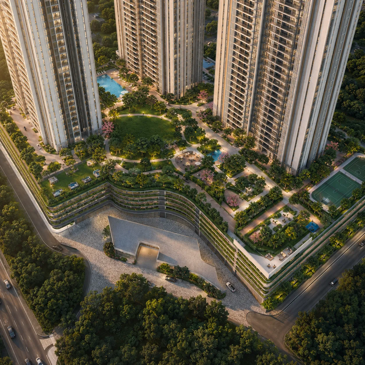SNN Electronic City landscaped greens and amenity deck aerial